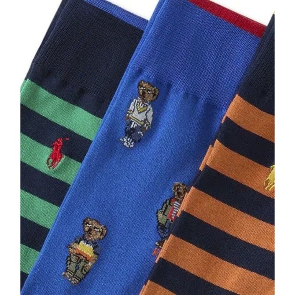 NWT NIP POLO RALPH LAUREN Men's Socks 3-Pack Mini Bear & Stripe MULTI COLOR - Picture 2 of 10